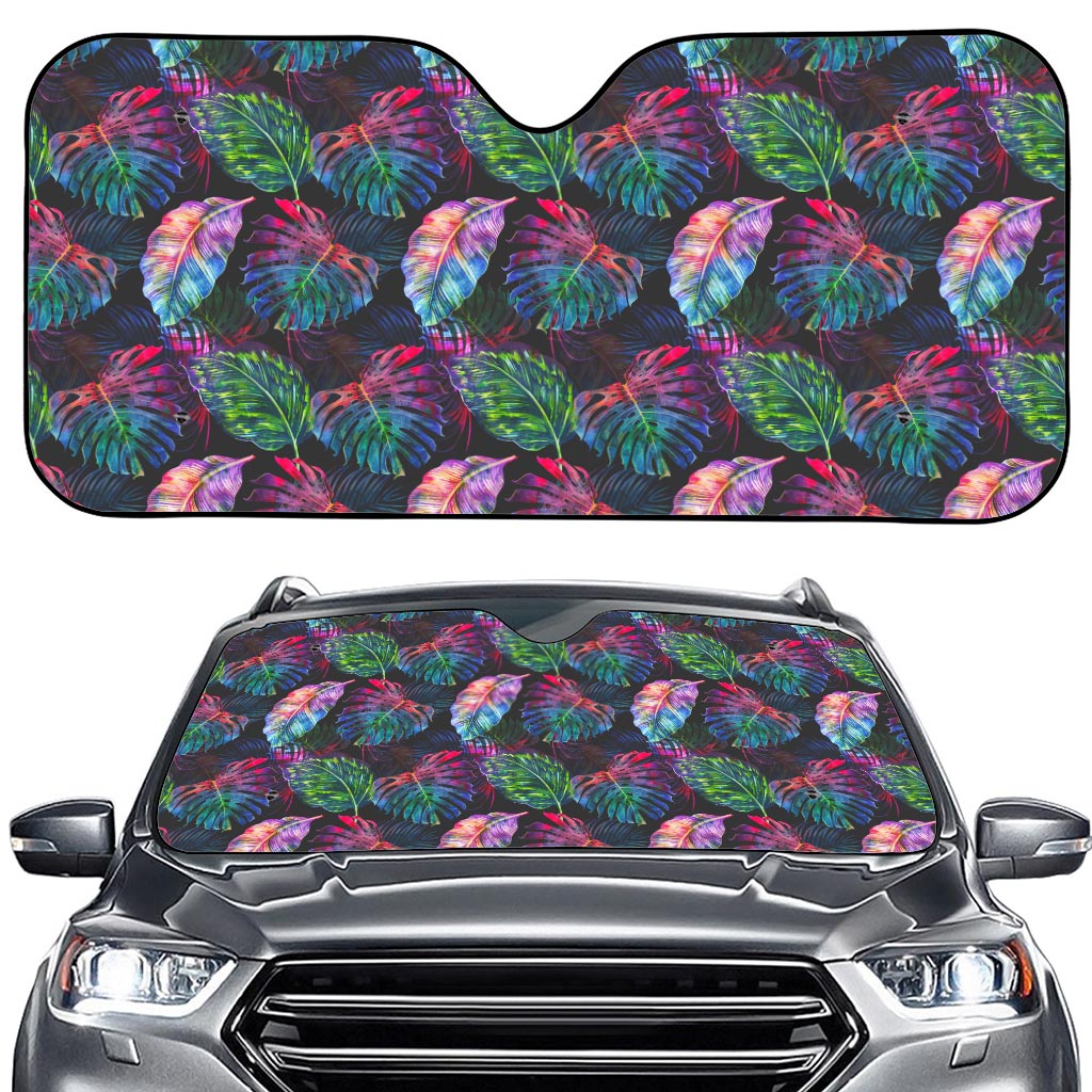 Colorful Tropical Leaves Pattern Print Car Windshield Sun Shade