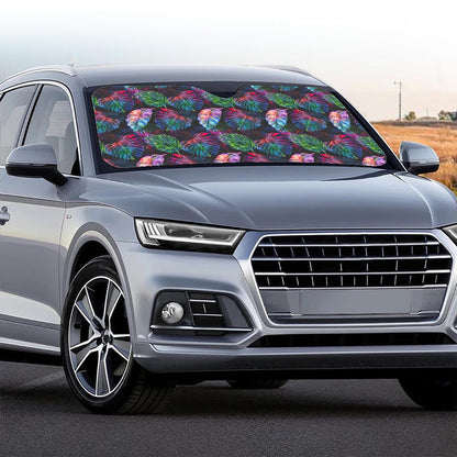 Colorful Tropical Leaves Pattern Print Car Windshield Sun Shade