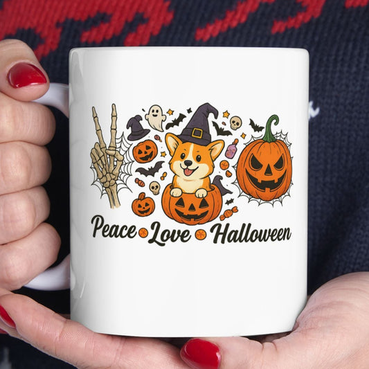 Peace Love Pumpkin Halloween Corgi Coffee Mug