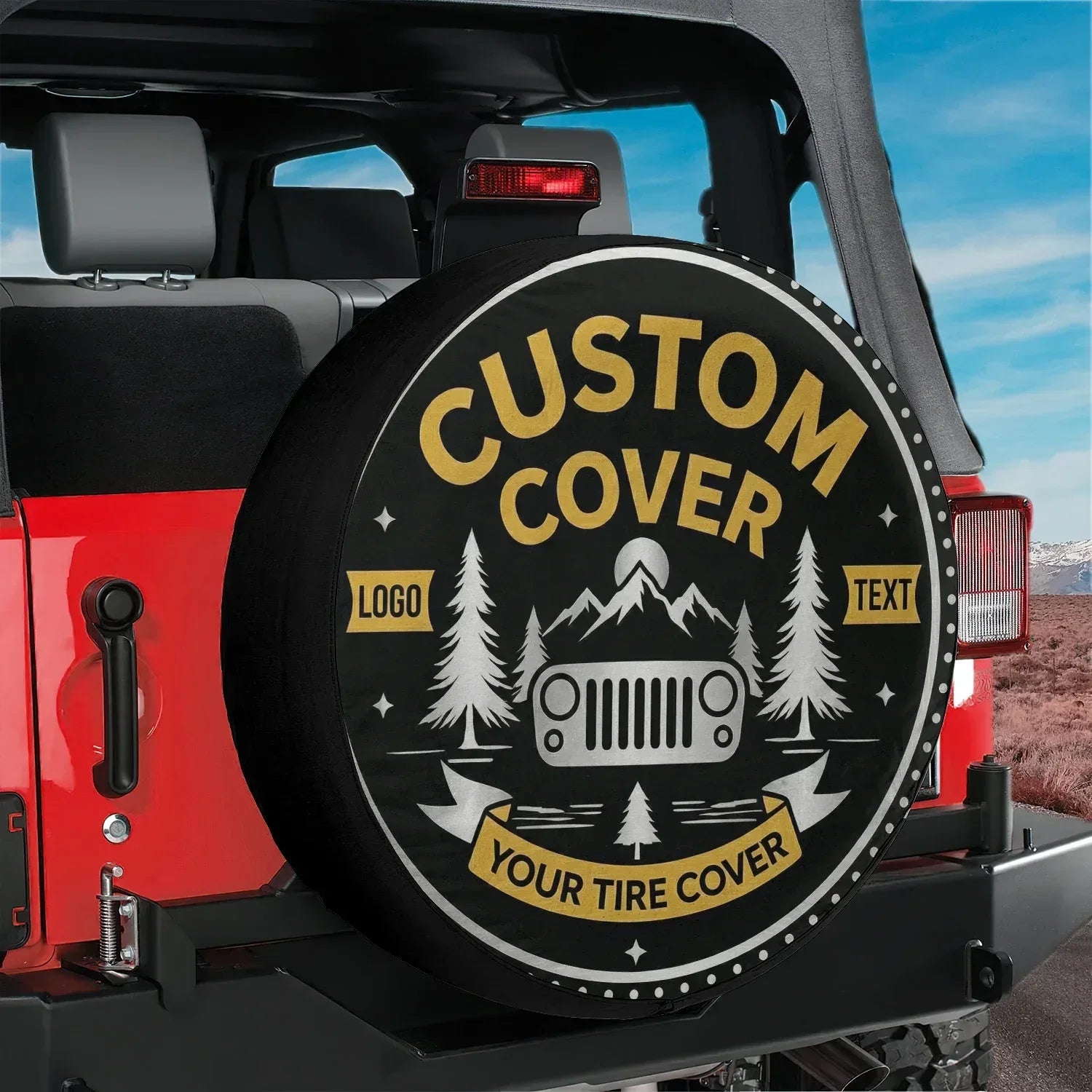 Custom Jeep Spare Tire Covers featuring vibrant design with custom text and logo on a black spare tire cover.