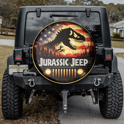 Custom Jeep Spare Tire Covers featuring a Jurassic Jeep design with dinosaur and American flag elements.