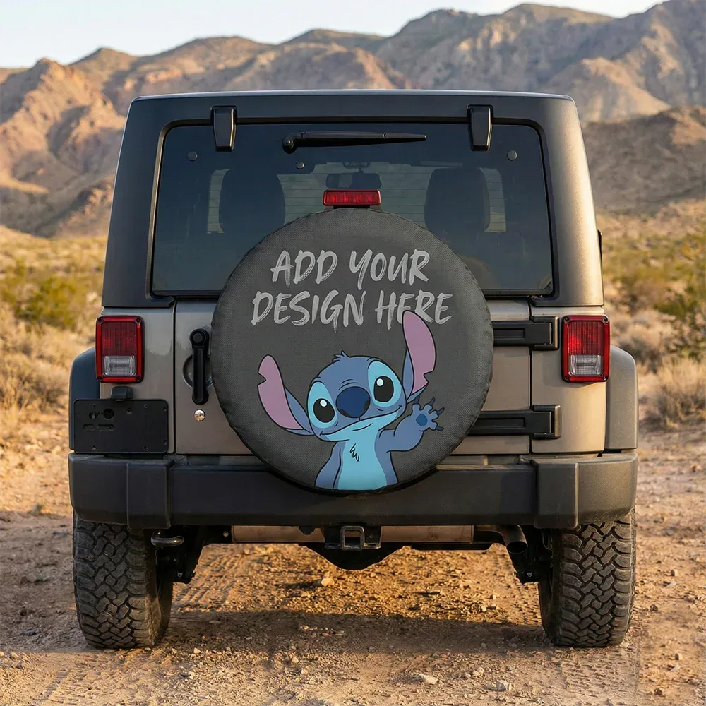Custom Jeep Spare Tire Covers featuring a Stitch design on a tire cover with text 'ADD YOUR DESIGN HERE'.