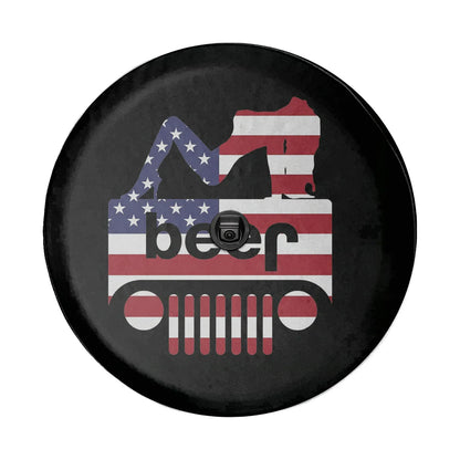 Custom Jeep Spare Tire Covers featuring an American flag design with a playful beer theme.