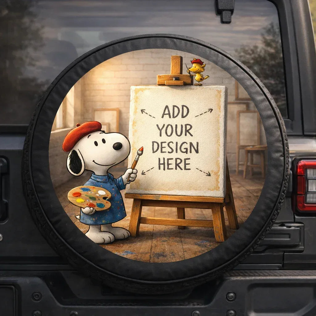 Custom Jeep Spare Tire Covers featuring a cartoon dog painting on a canvas with text 'ADD YOUR DESIGN HERE'.