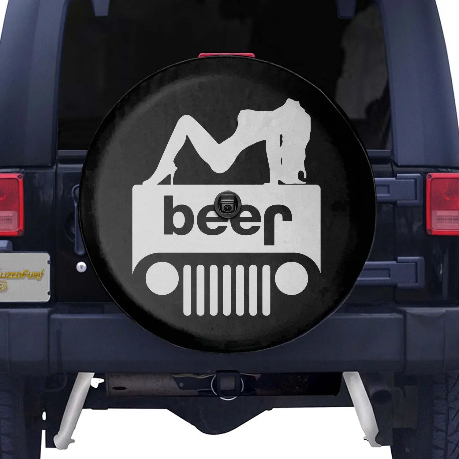 Custom Jeep Spare Tire Covers with beer logo and playful design for Jeep enthusiasts.