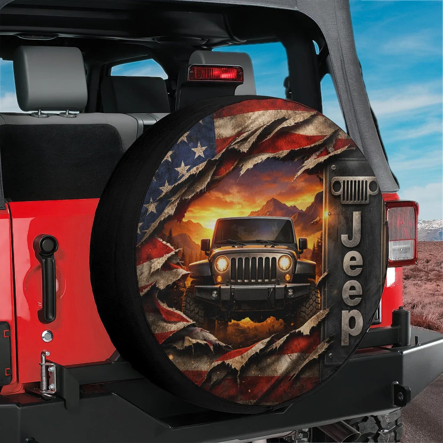 Custom Jeep Spare Tire Covers featuring a Jeep against an American flag backdrop, perfect for outdoor enthusiasts.
