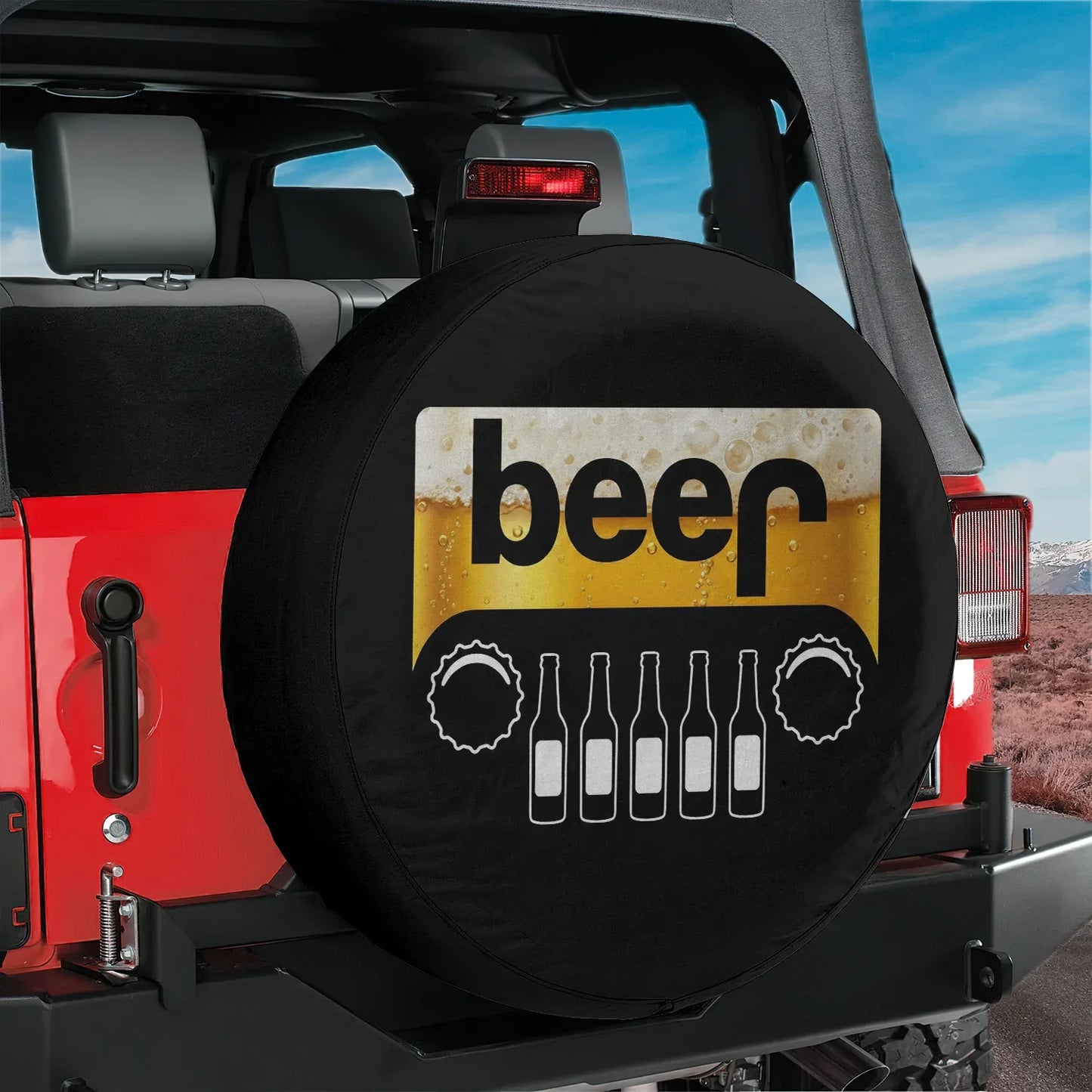 Custom Jeep Spare Tire Covers featuring a beer design with bottles and frothy beer print.