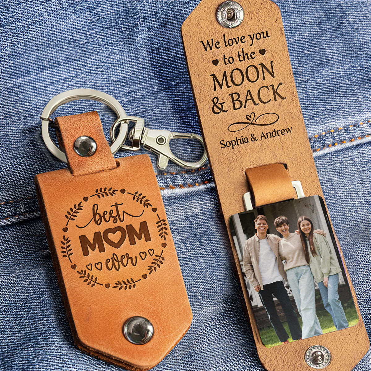 Custom Photo We Love You To The Moon And Back - Personalized Leather Photo Keychain