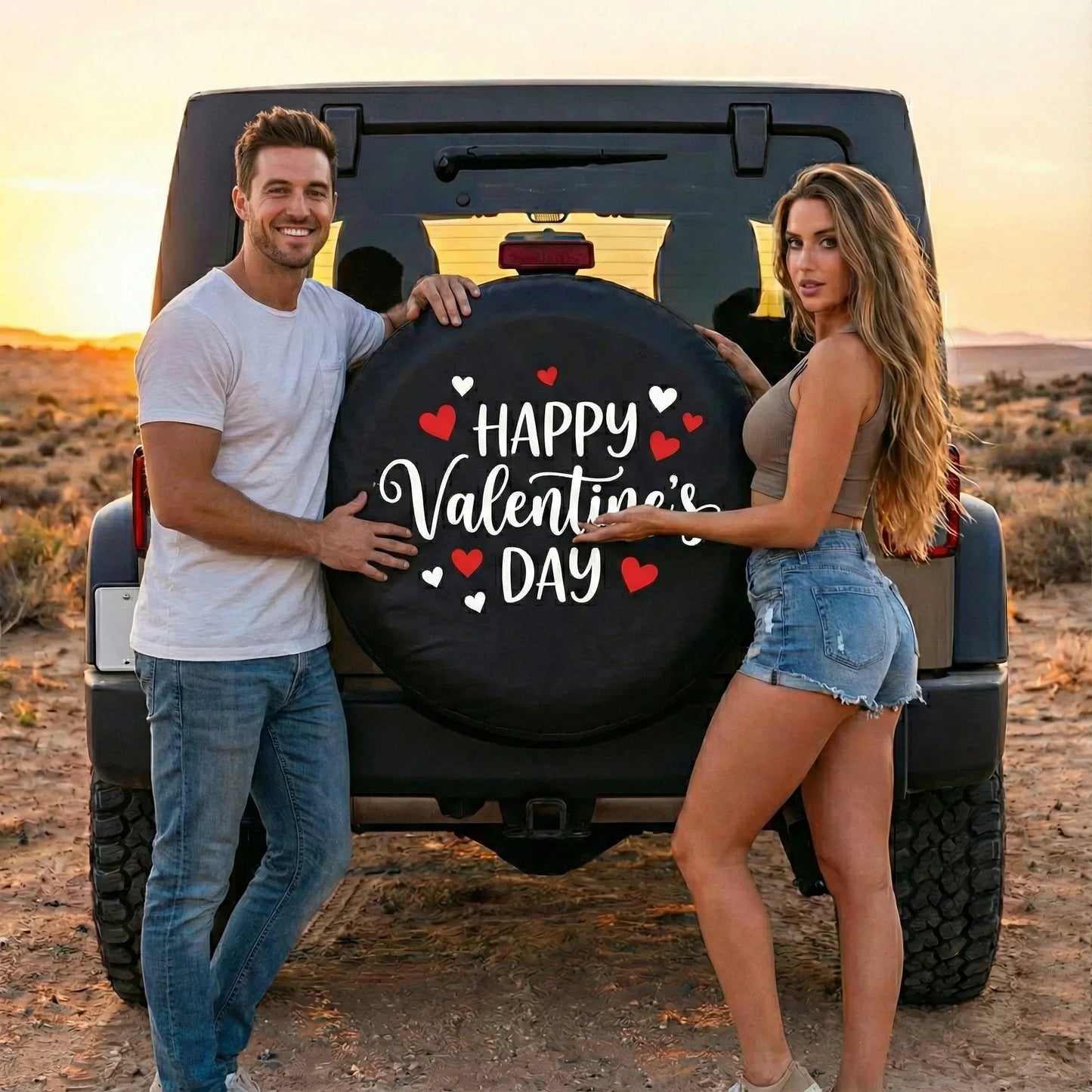 Custom Jeep Spare Tire Covers with "Happy Valentine's Day" design, featuring a couple by their Jeep in a desert setting.