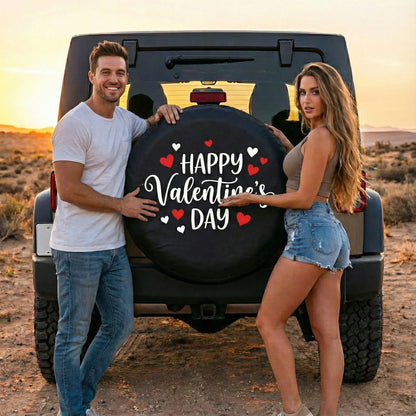 Custom Jeep Spare Tire Covers with "Happy Valentine's Day" design, featuring a couple by their Jeep in a desert setting.