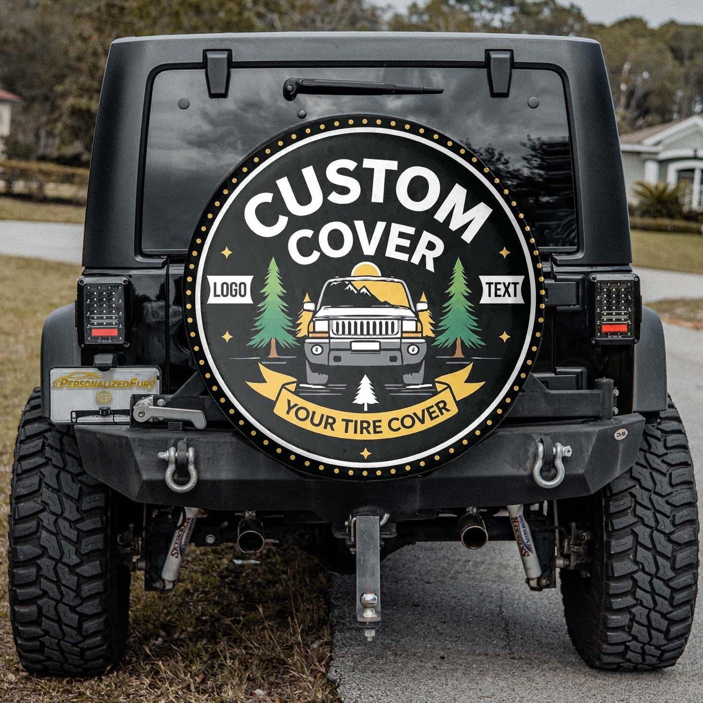 Custom Jeep Spare Tire Covers featuring a customizable design with outdoor elements and vibrant colors.