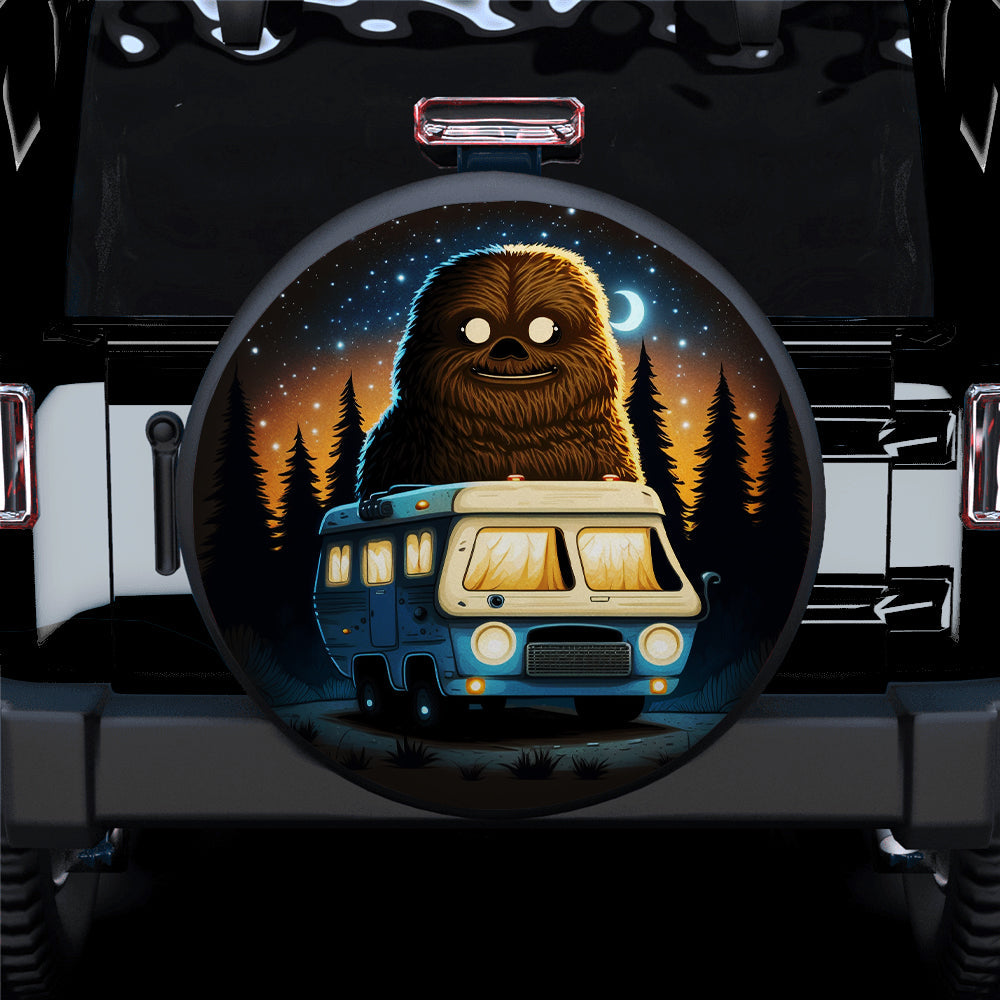 Cute Bigfoot Ride Car Camping Background Car Spare Tire Cover