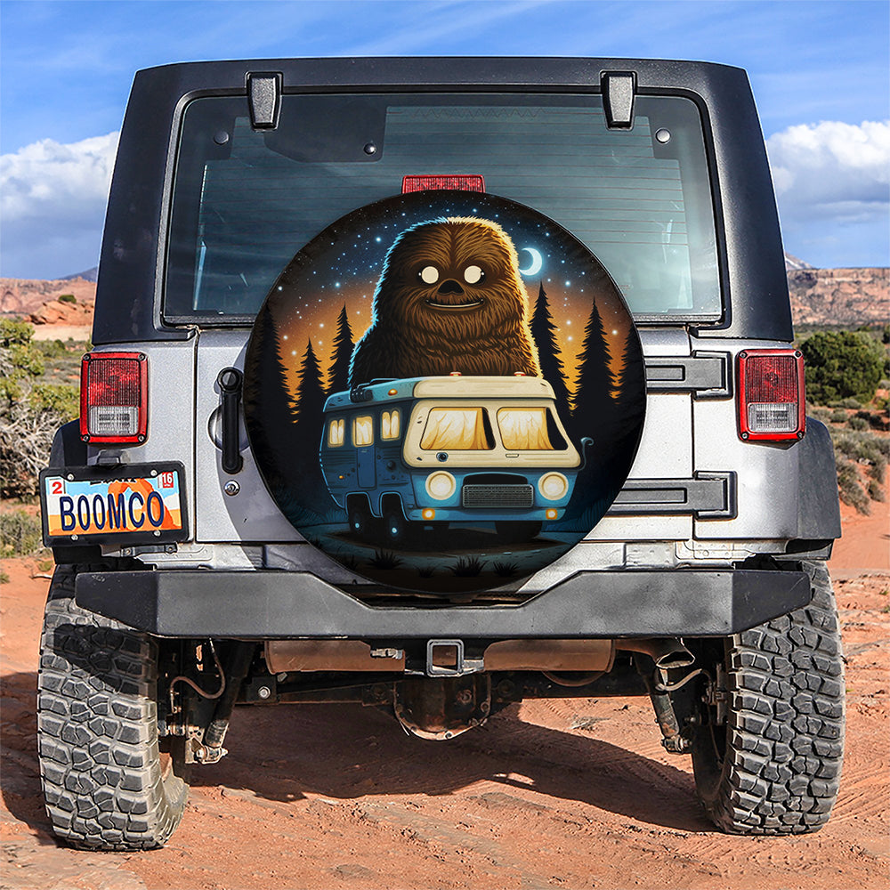 Cute Bigfoot Ride Car Camping Background Car Spare Tire Cover