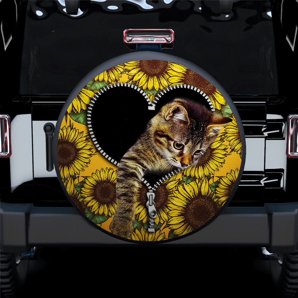 Cute Cat Sunflower Zipper Car Spare Tire Cover