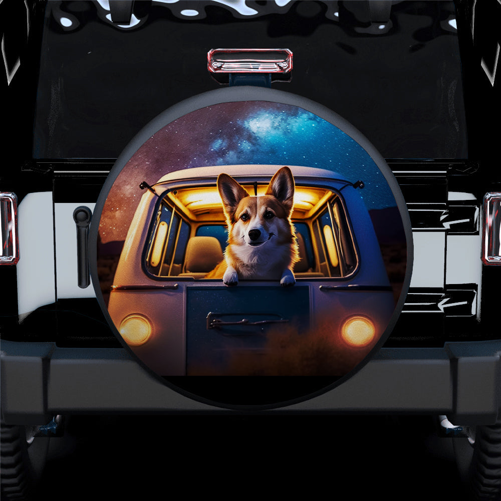 Cute Corgi With Van Camping Background Car Spare Tire Cover