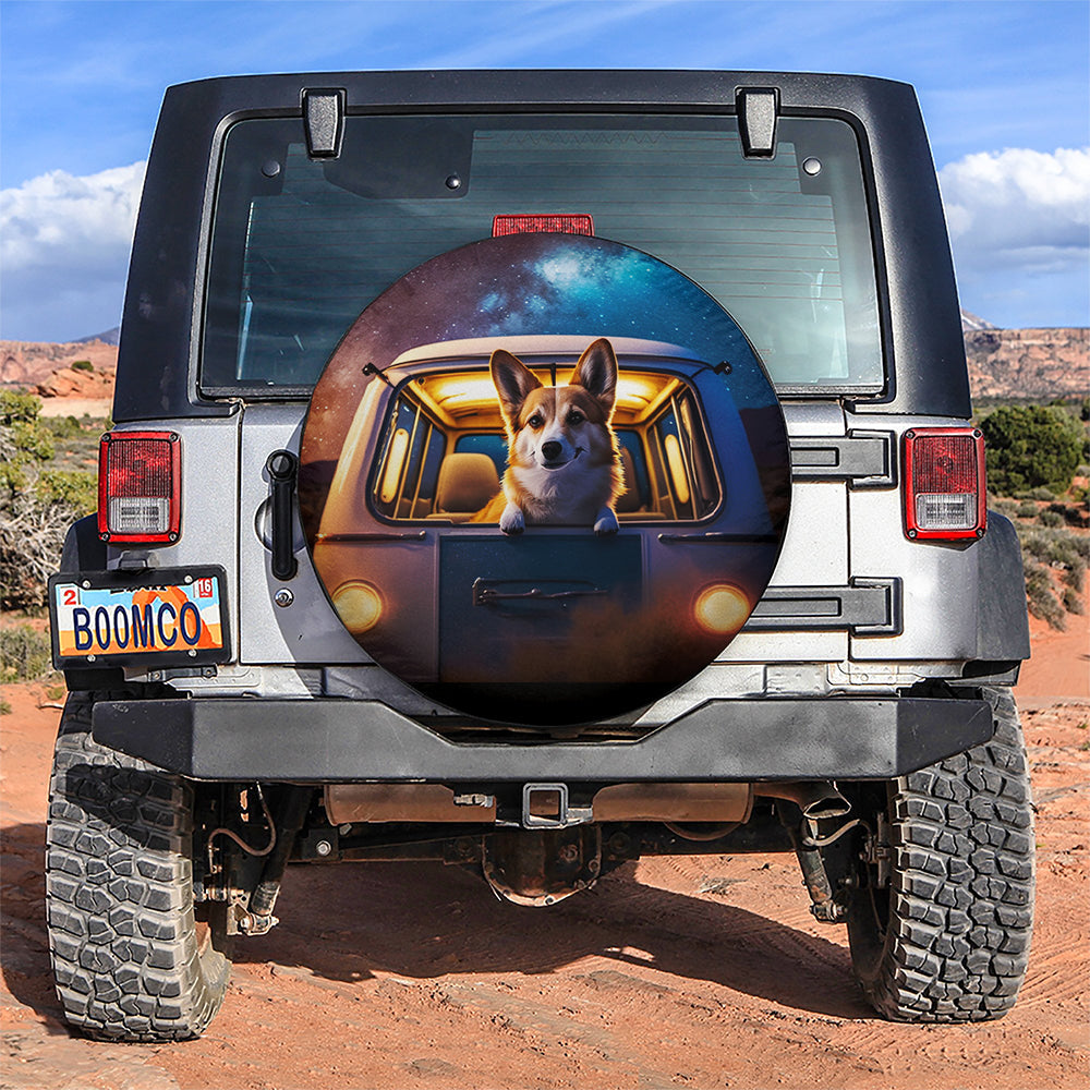 Cute Corgi With Van Camping Background Car Spare Tire Cover