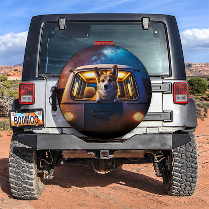 Cute Corgi With Van Camping Background Car Spare Tire Cover