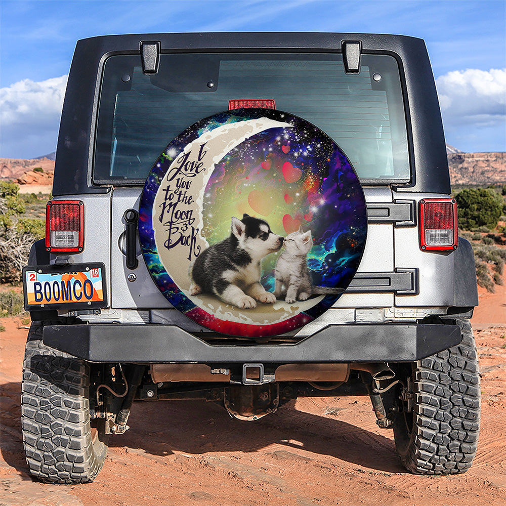 Cute Couple Husky And Cat Love You To The Moon Galaxy Car Spare Tire Cover