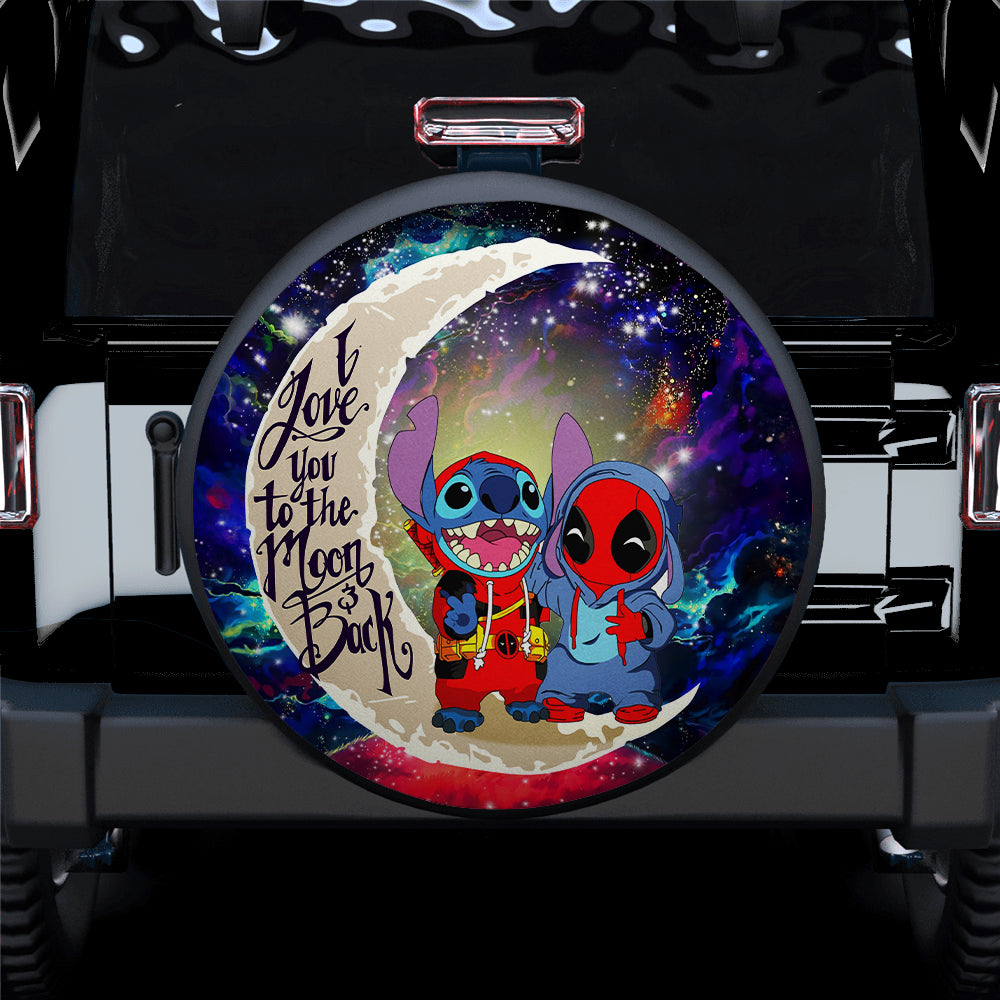 Cute Deadpool And Stitch Love You To The Moon Galaxy Car Spare Tire Cover