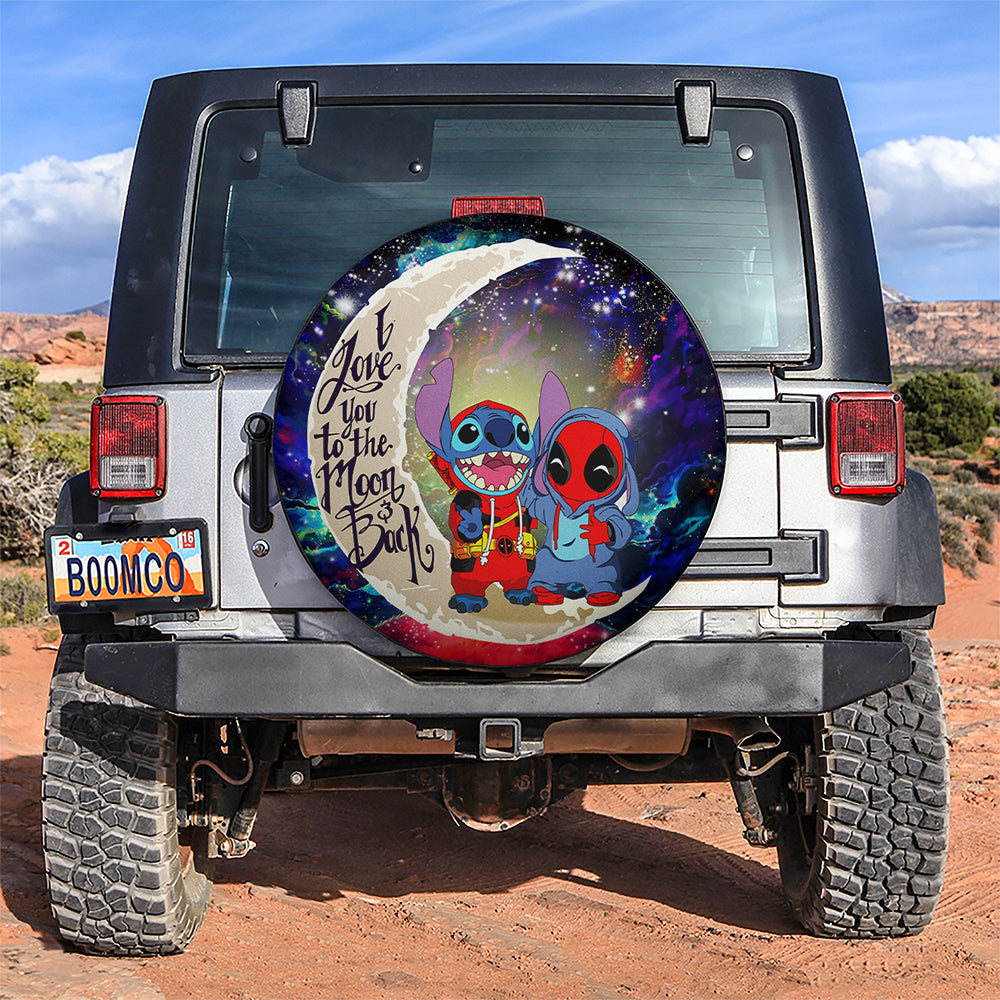 Cute Deadpool And Stitch Love You To The Moon Galaxy Car Spare Tire Cover