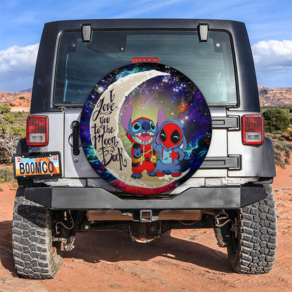 Cute Deadpool And Stitch Love You To The Moon Galaxy Car Spare Tire Cover