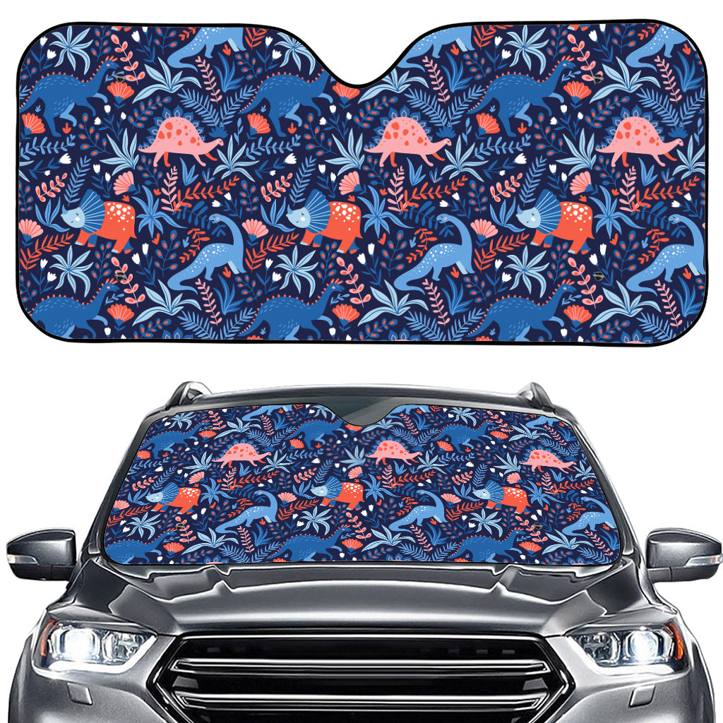 Cute Dino Leaves And Flowers Print Car Windshield Sun Shade
