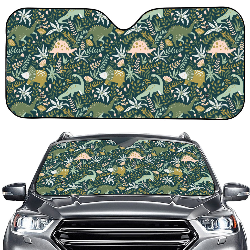 Cute Dino Tropical Leaves Pattern Print Car Windshield Sun Shade