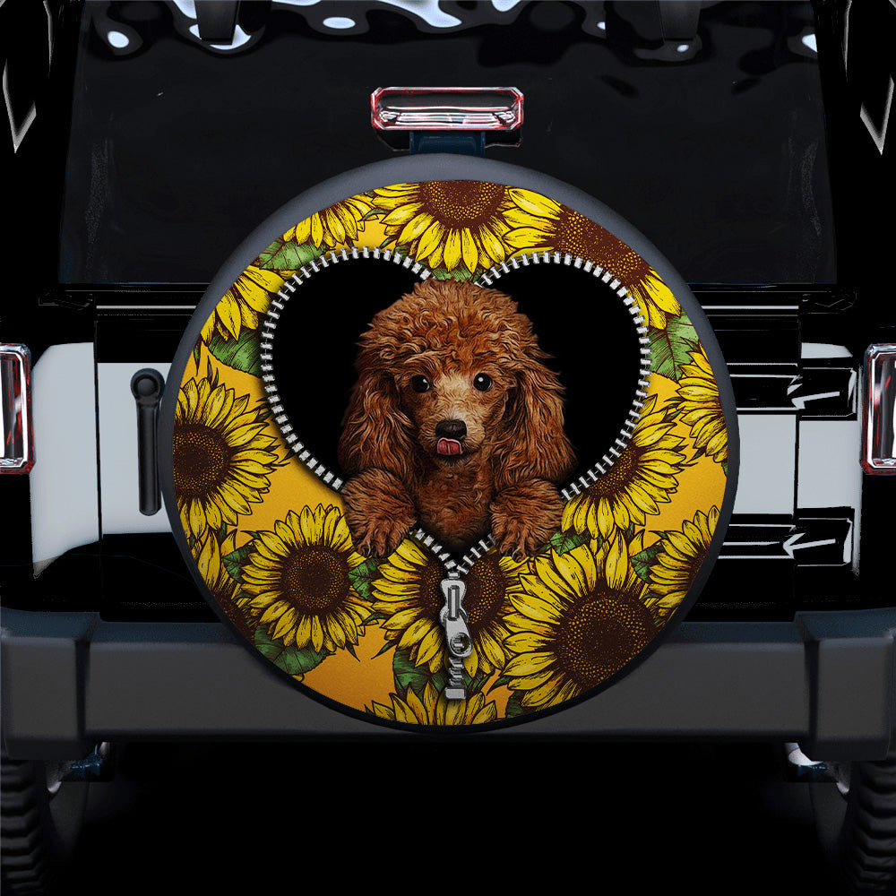 Cute Dog Poodle Sunflower Zipper Car Spare Tire Cover