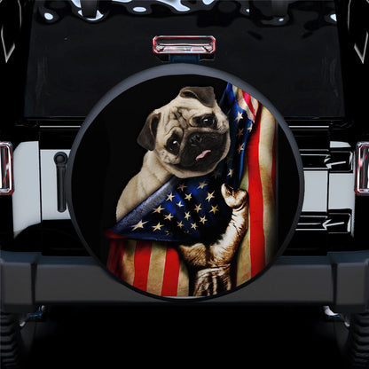 Cute Pug Dog With American US Flag Car Spare Tire Cover