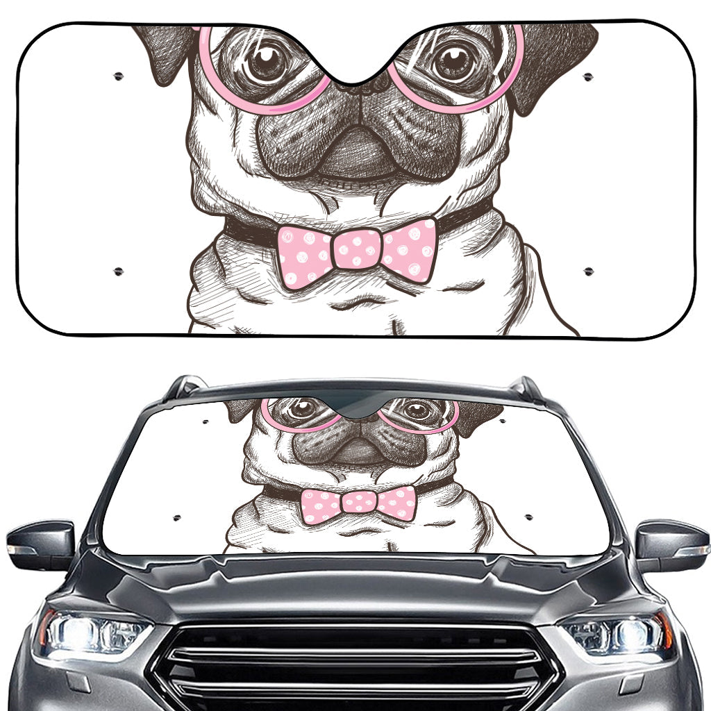 Cute Pug With Glasses Print Car Windshield Sun Shade