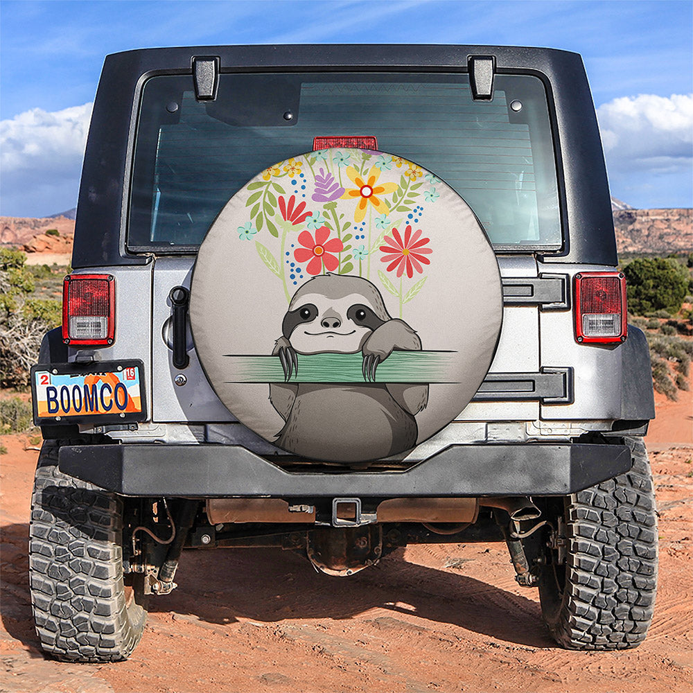 Cute Sloth Flowers Car Spare Tire Cover