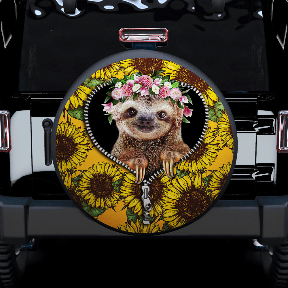 Cute Sloth Sunflower Zipper Jeep Car Spare Tire Cover