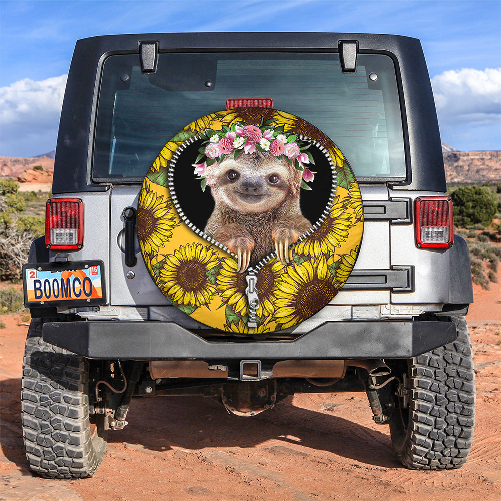 Cute Sloth Sunflower Zipper Jeep Car Spare Tire Cover