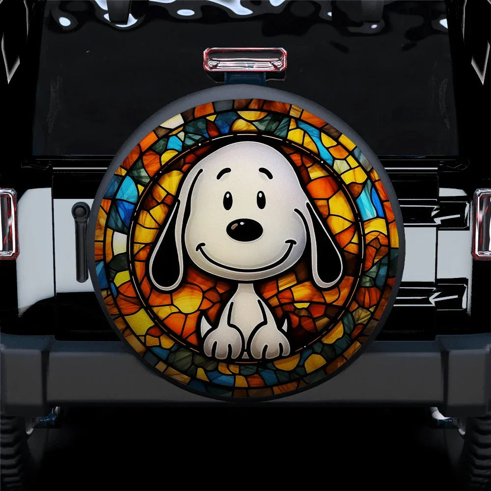 Cute Snoopy Stained Glass Car Leather Spare Tire Cover - PersonalizedFury