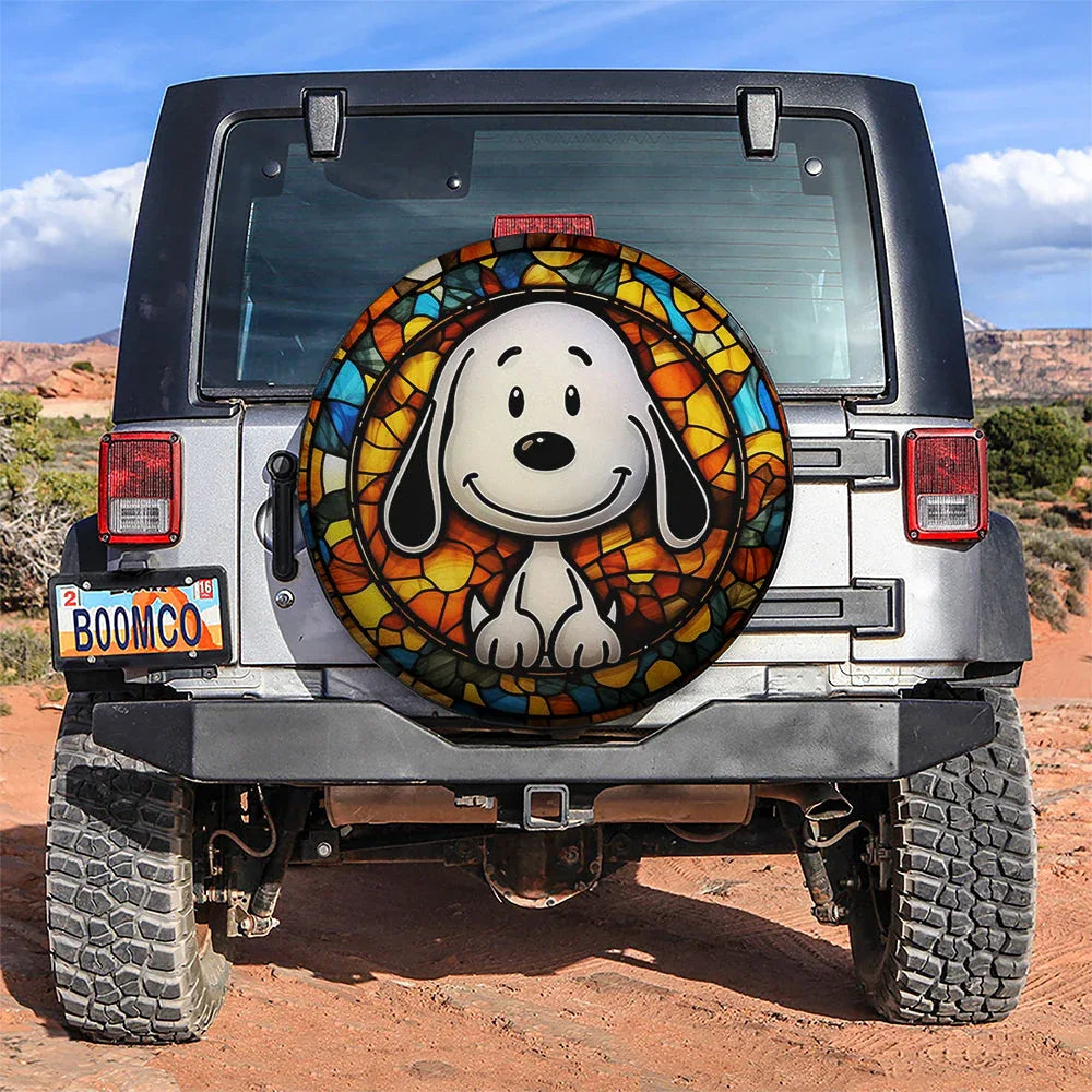 Cute Snoopy Stained Glass Car Leather Spare Tire Cover - PersonalizedFury