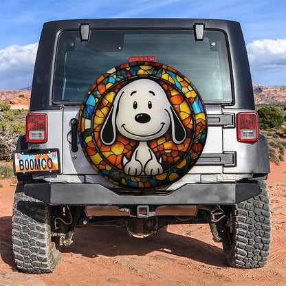 Cute Snoopy Stained Glass Car Leather Spare Tire Cover - PersonalizedFury