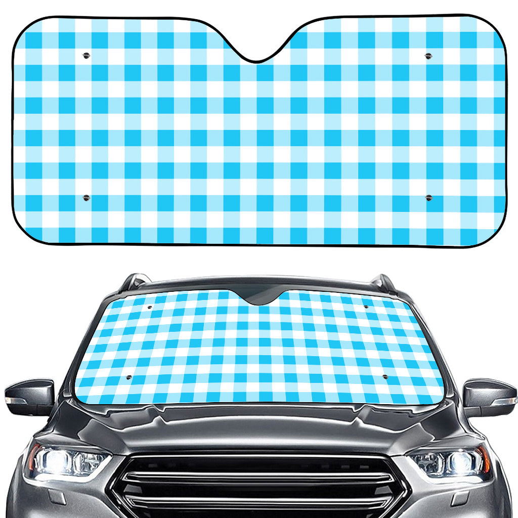 Cyan Blue And White Gingham Print Car Windshield Sun Shade