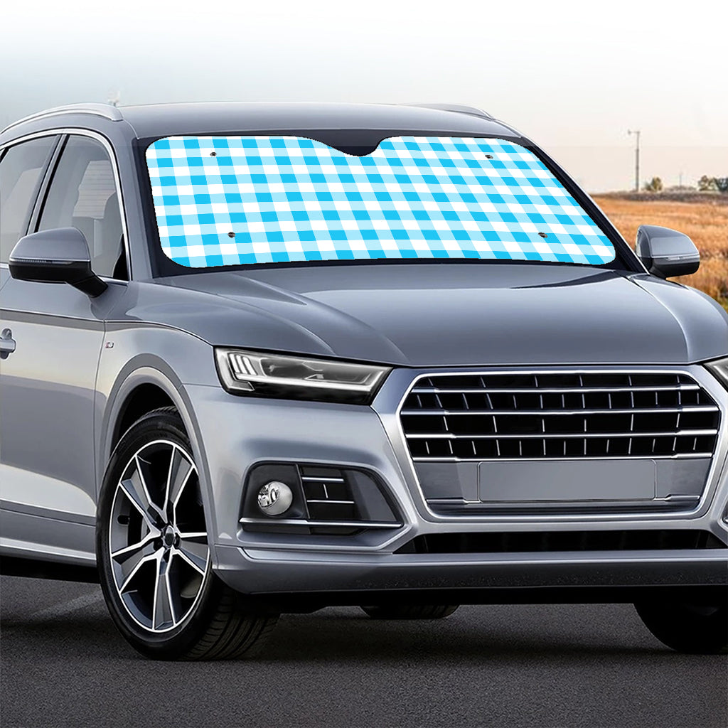 Cyan Blue And White Gingham Print Car Windshield Sun Shade