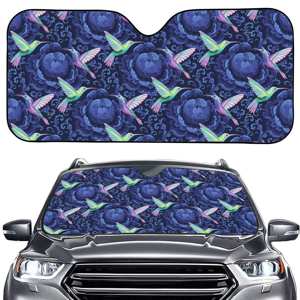 Dark Blue Floral Hummingbird Print Car Windshield Sun Shade