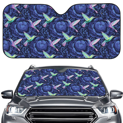Dark Blue Floral Hummingbird Print Car Windshield Sun Shade