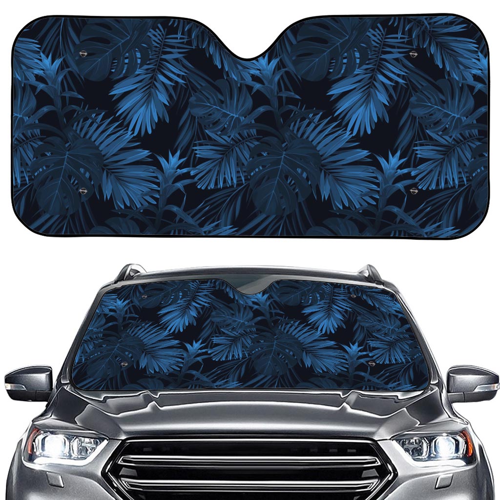 Dark Blue Tropical Leaf Pattern Print Car Windshield Sun Shade