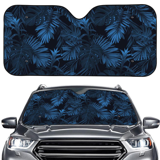 Dark Blue Tropical Leaf Pattern Print Car Windshield Sun Shade