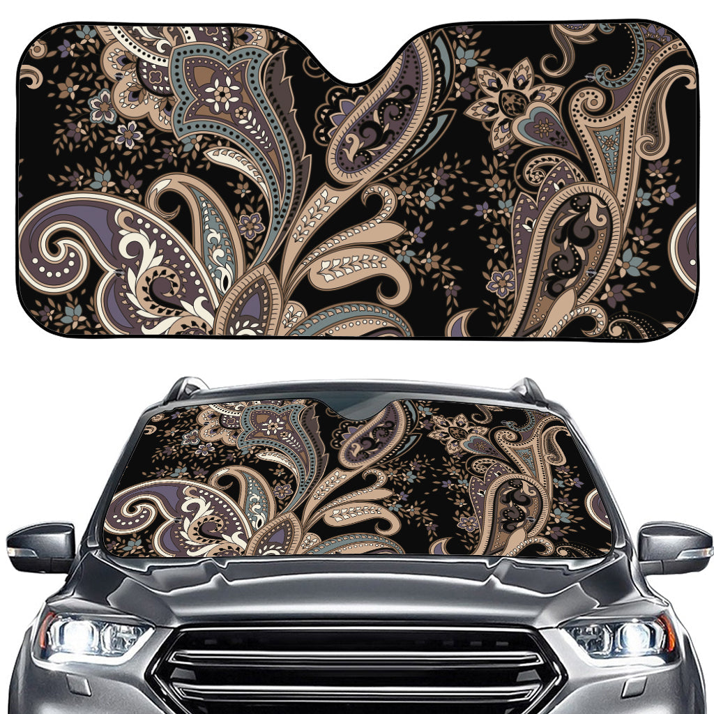 Dark Brown Paisley Pattern Print Car Windshield Sun Shade