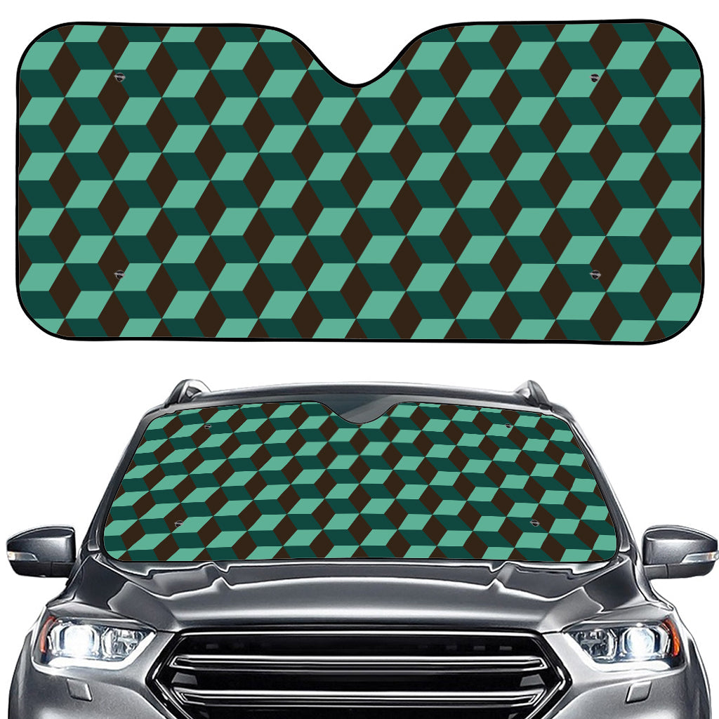 Dark Green Geometric Cube Pattern Print Car Windshield Sun Shade