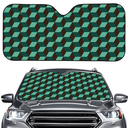 Dark Green Geometric Cube Pattern Print Car Windshield Sun Shade