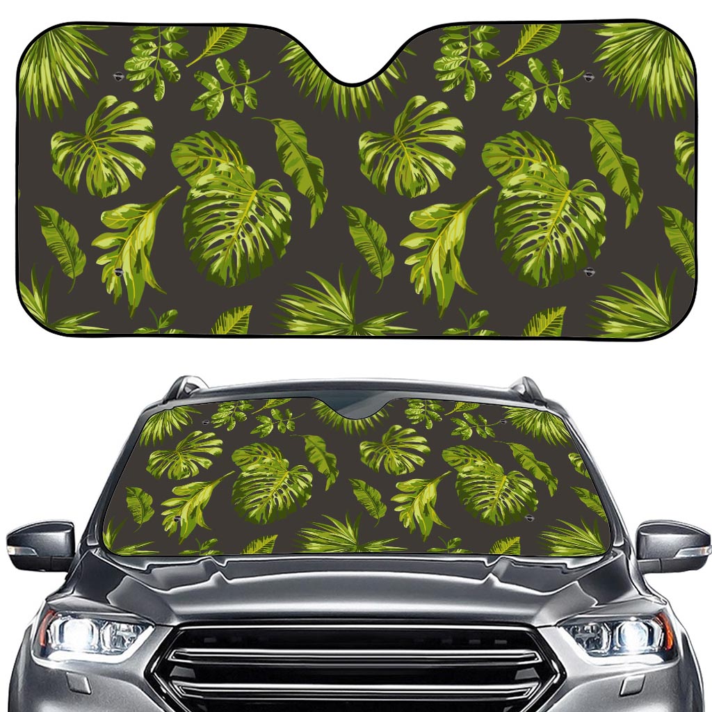 Dark Tropical Leaf Pattern Print Car Windshield Sun Shade