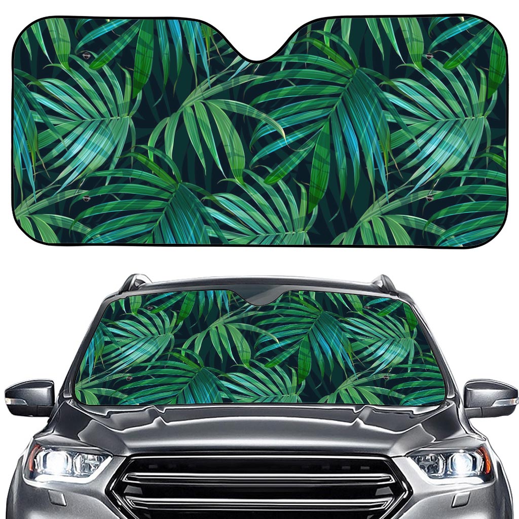 Dark Tropical Palm Leaves Pattern Print Car Windshield Sun Shade