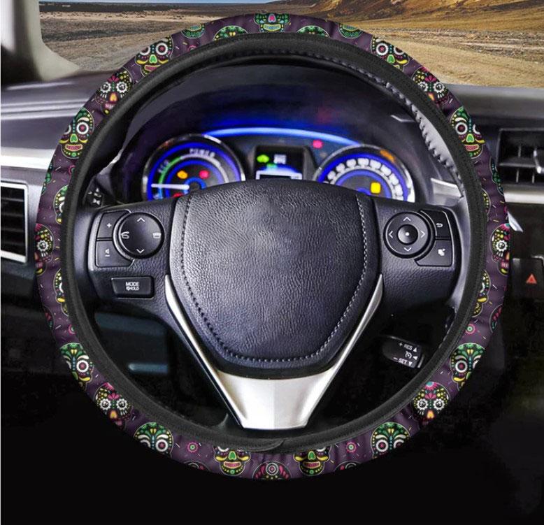 Day Of The Dead Sugar Skull Print Car Steering Wheel Cover