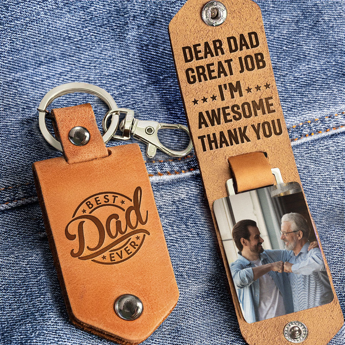 Dear Dad Great Job We're Awesome - Personalized Leather Photo Keychain