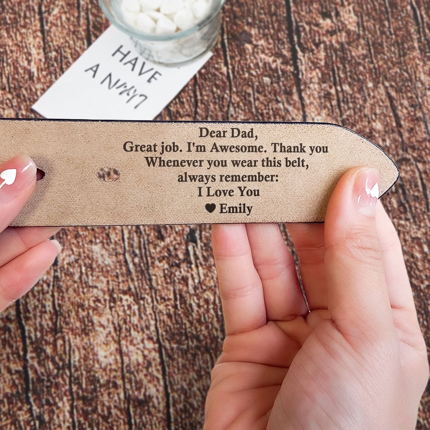 Dear Dad Great Job We're Awesome Thank You - Personalized Engraved Leather Belt